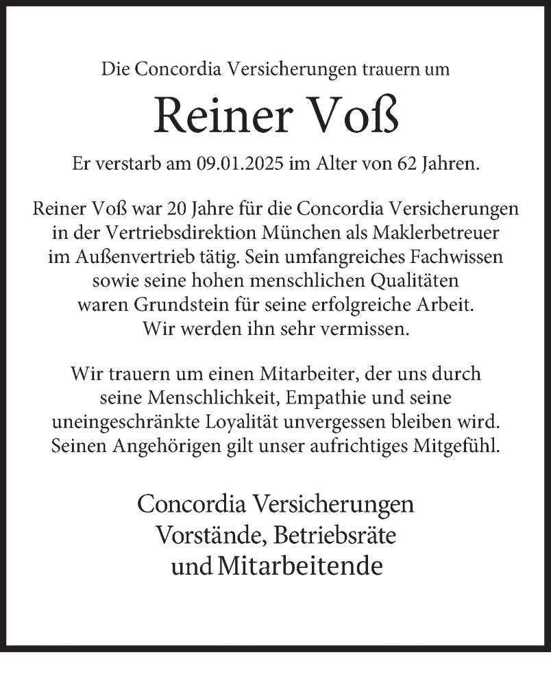 Traueranzeige für Reiner Voß vom 25.01.2025 aus merkurtz