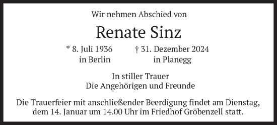 Traueranzeige von Renate Sinz von merkurtz