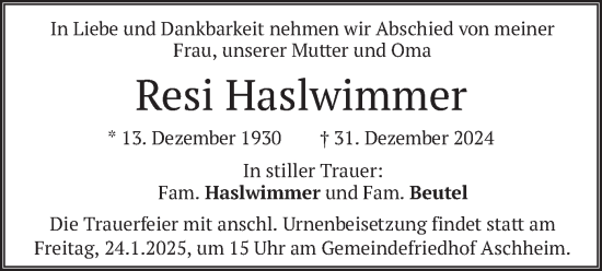 Traueranzeige von Resi Haslwimmer von merkurtz