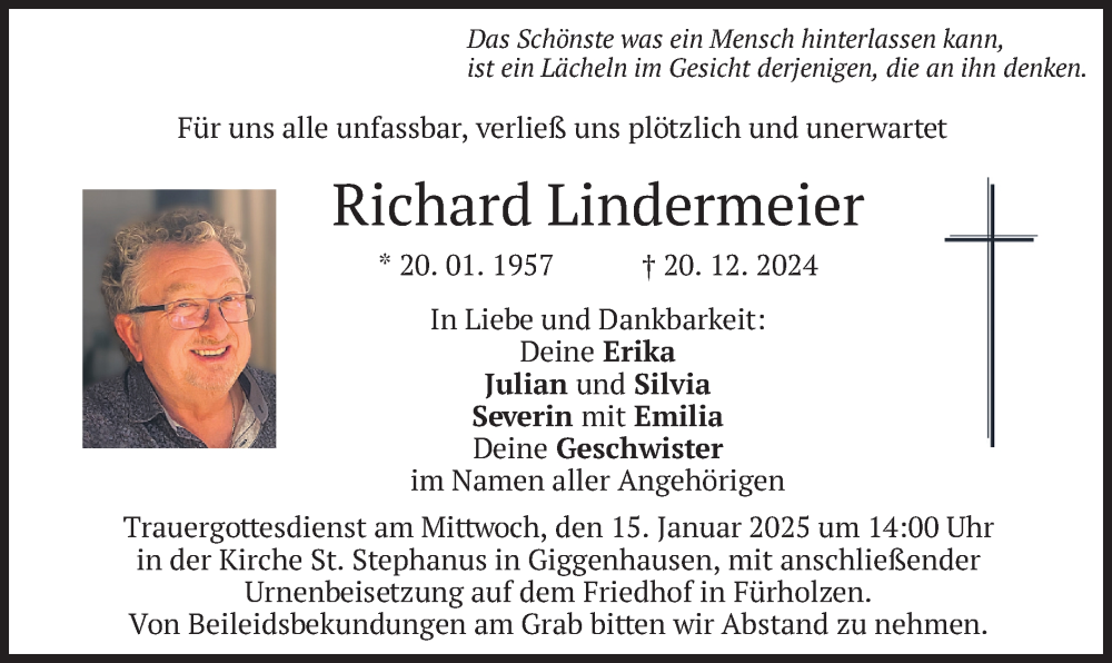  Traueranzeige für Richard Lindermeier vom 08.01.2025 aus merkurtz