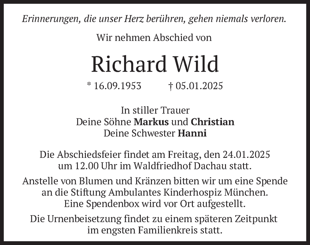  Traueranzeige für Richard Wild vom 18.01.2025 aus merkurtz