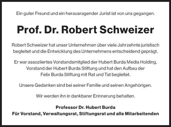 Traueranzeige von Robert Schweizer von merkurtz