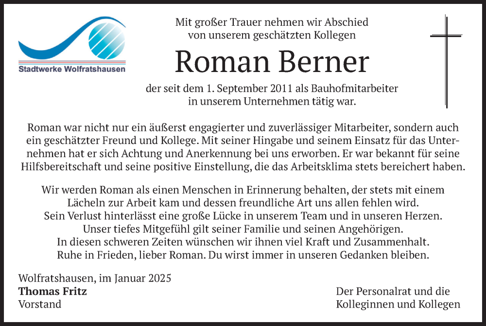  Traueranzeige für Roman Berner vom 30.01.2025 aus merkurtz