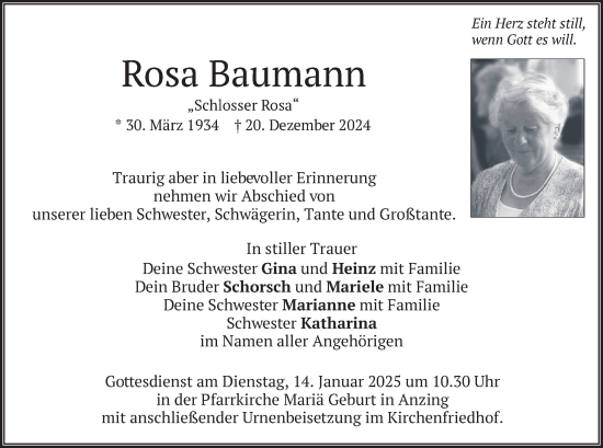 Traueranzeige von Rosa Baumann von merkurtz