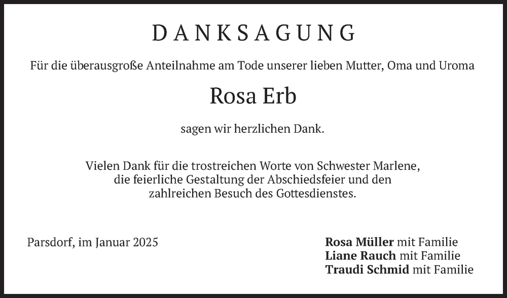  Traueranzeige für Rosa Erb vom 09.01.2025 aus merkurtz