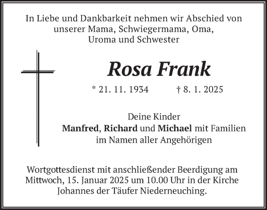 Traueranzeige von Rosa Frank von merkurtz