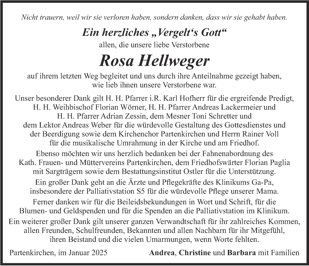  Traueranzeige für Rosa Hellweger vom 25.01.2025 aus merkurtz