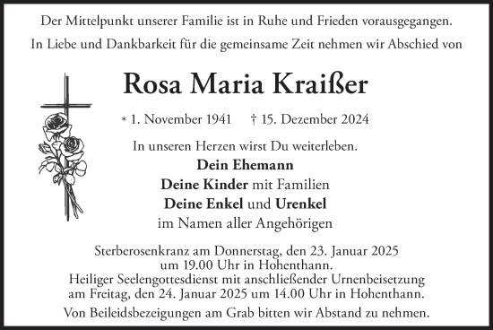 Traueranzeige von Rosa Maria Kraißer von merkurtz
