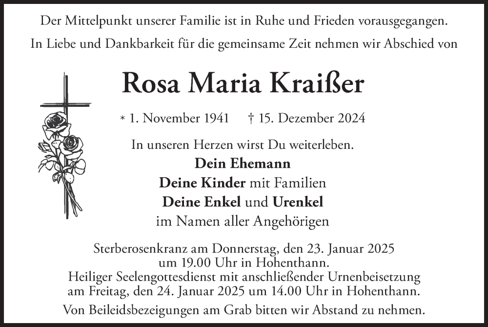  Traueranzeige für Rosa Maria Kraißer vom 18.01.2025 aus merkurtz