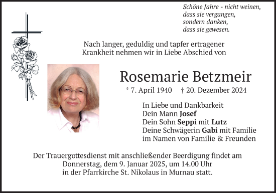 Traueranzeige von Rosemarie Betzmeir von merkurtz