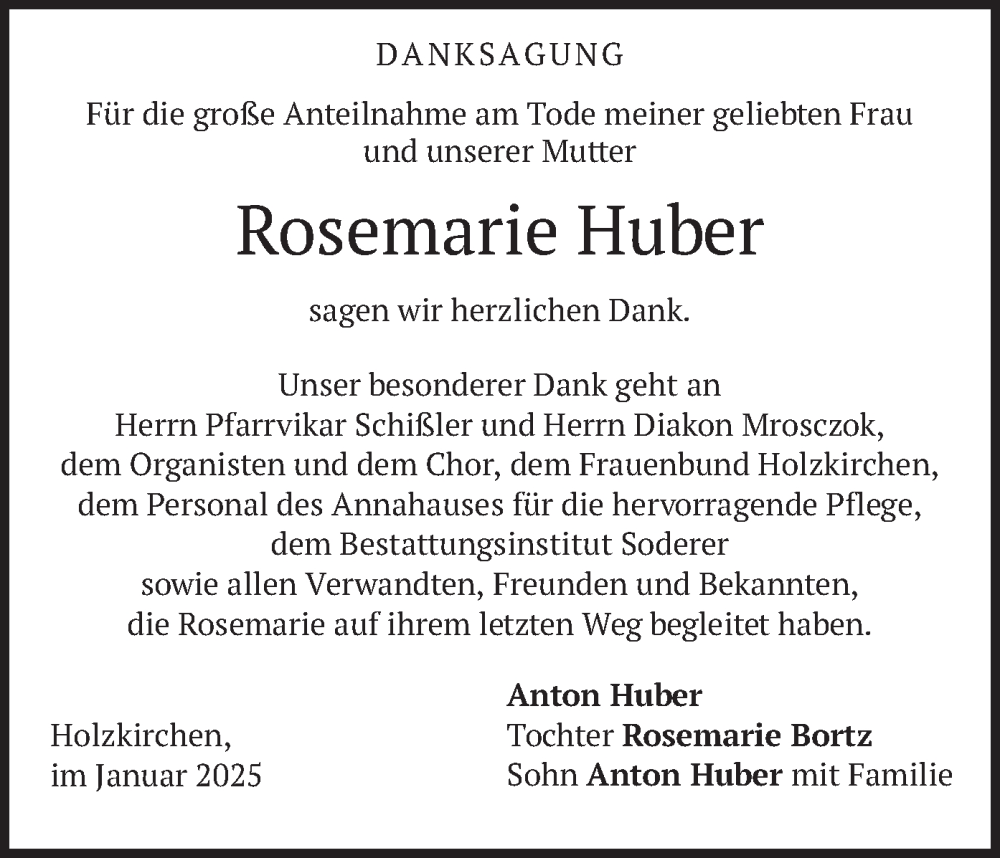  Traueranzeige für Rosemarie Huber vom 18.01.2025 aus merkurtz