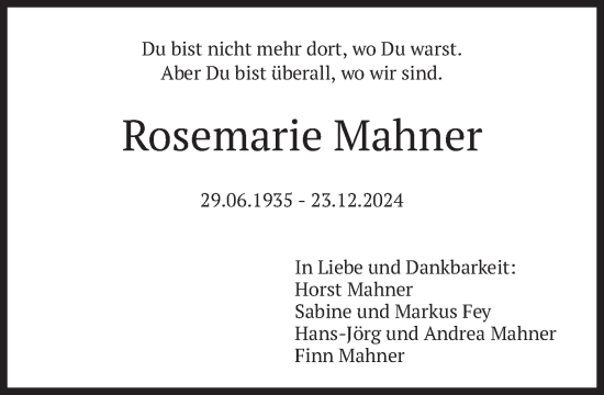 Traueranzeige von Rosemarie Mahner von merkurtz