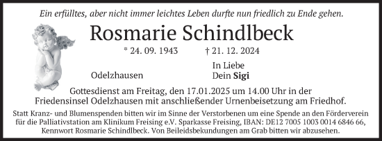 Traueranzeige von Rosmarie Schindlbeck von merkurtz