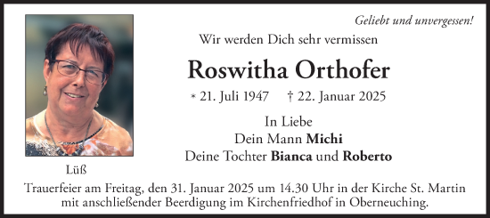 Traueranzeige von Roswitha Orthofer von merkurtz