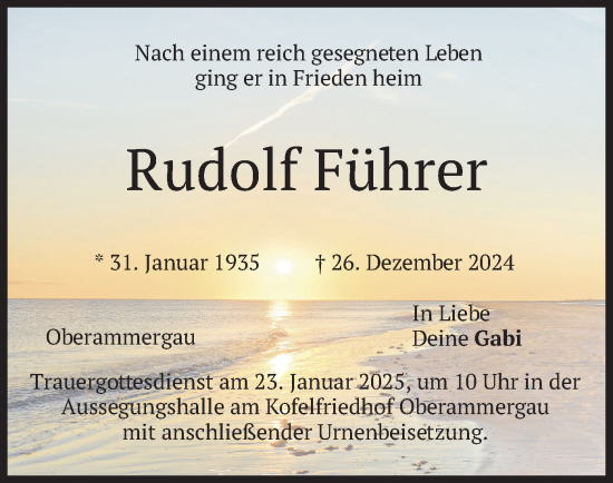 Traueranzeige von Rudolf Führer von merkurtz