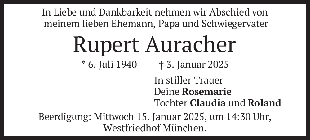 Traueranzeige für Rupert Auracher vom 11.01.2025 aus merkurtz