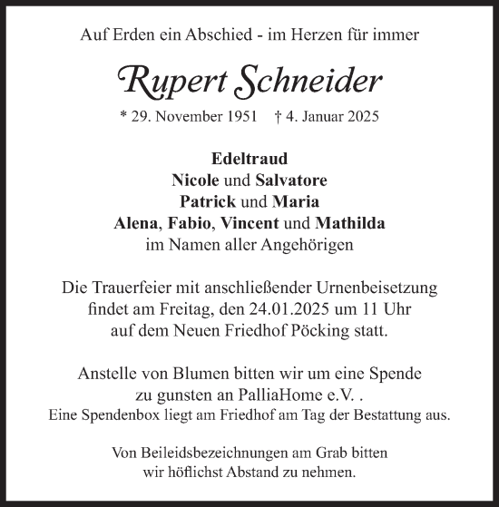 Traueranzeige von Rupert Schneider von merkurtz
