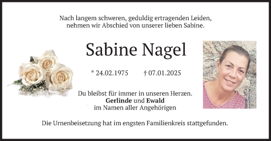 Traueranzeige von Sabine Nagel von merkurtz
