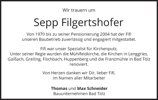 Traueranzeige von Sepp Filgertshofer von merkurtz