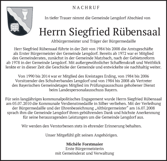 Traueranzeige von Siegfried Rübensaal von merkurtz