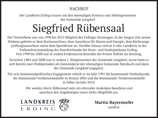 Traueranzeige von Siegfried Rübensaal von merkurtz