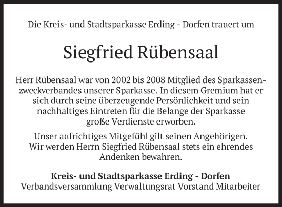 Traueranzeige von Siegfried Rübensaal von merkurtz