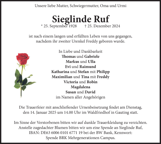 Traueranzeige von Sieglinde Ruf von merkurtz