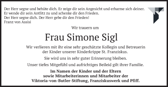 Traueranzeige von Simone Sigl von merkurtz