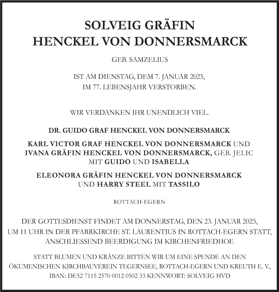  Traueranzeige für Solveig Gräfin Henckel von Donnersmarck vom 17.01.2025 aus merkurtz