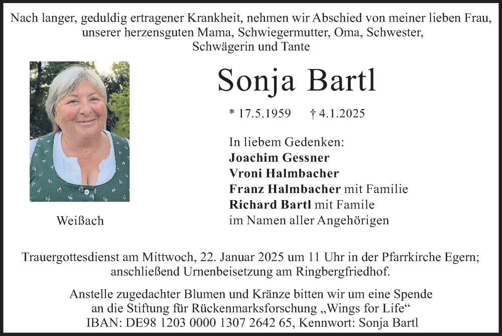  Traueranzeige für Sonja Bartl vom 18.01.2025 aus merkurtz