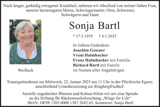 Traueranzeige von Sonja Bartl von merkurtz
