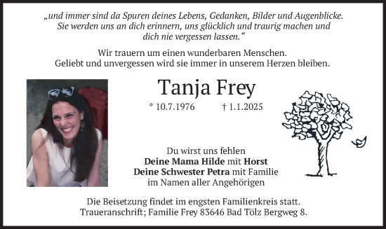 Traueranzeige von Tanja Frey von merkurtz