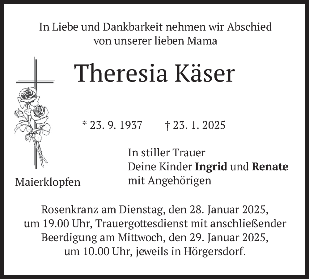  Traueranzeige für Theresia Käser vom 25.01.2025 aus merkurtz