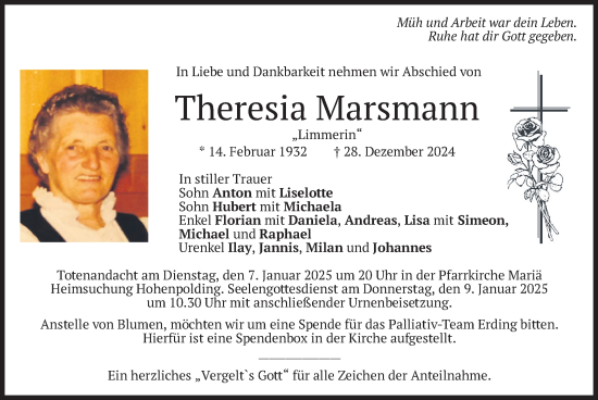 Traueranzeige von Theresia Marsmann von merkurtz