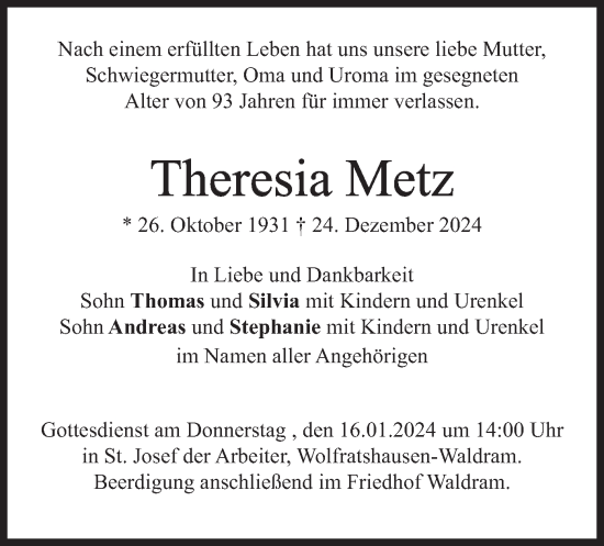 Traueranzeige von Theresia Metz von merkurtz