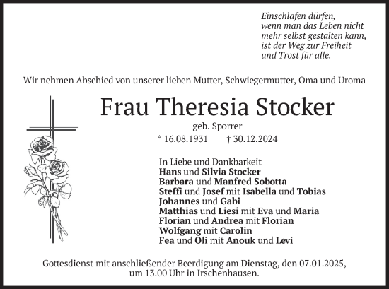 Traueranzeige von Theresia Stocker von merkurtz