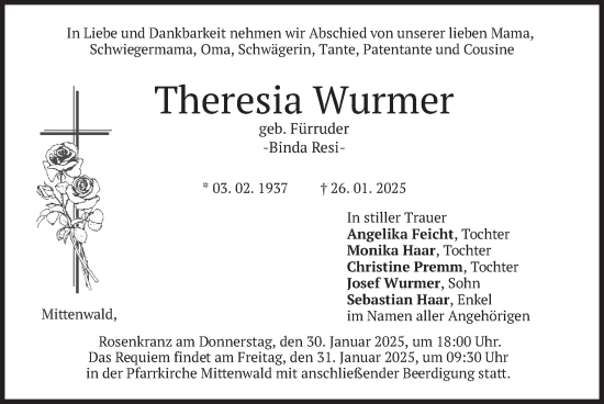 Traueranzeige von Theresia Wurmer von merkurtz