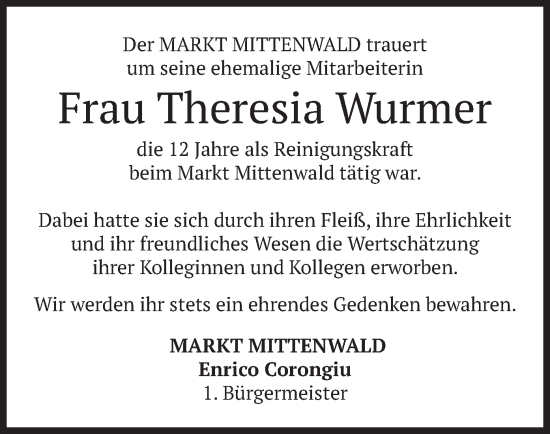 Traueranzeige von Theresia Wurmer von merkurtz