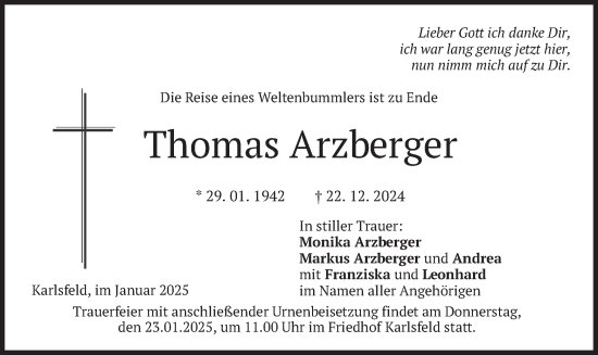 Traueranzeige von Thomas Arzberger von merkurtz