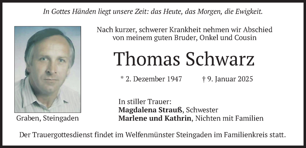  Traueranzeige für Thomas Schwarz vom 18.01.2025 aus merkurtz