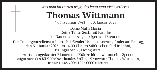 Traueranzeige von Thomas Wittmann von merkurtz