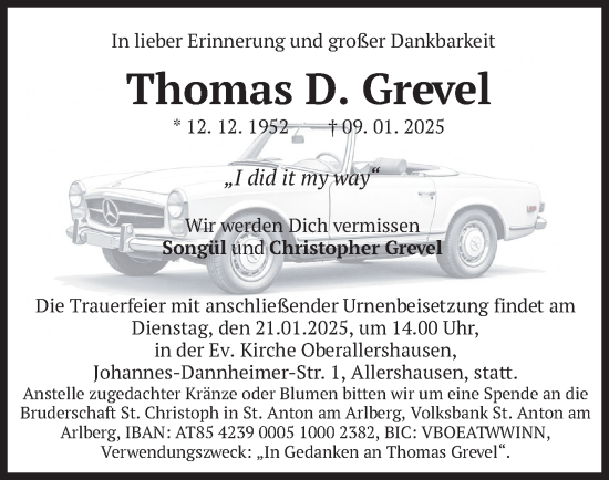 Traueranzeige von Thomas D. Grevel von merkurtz