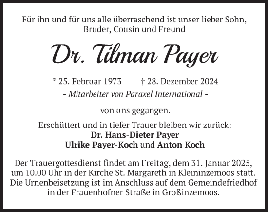 Traueranzeige von Tilman Payer von merkurtz