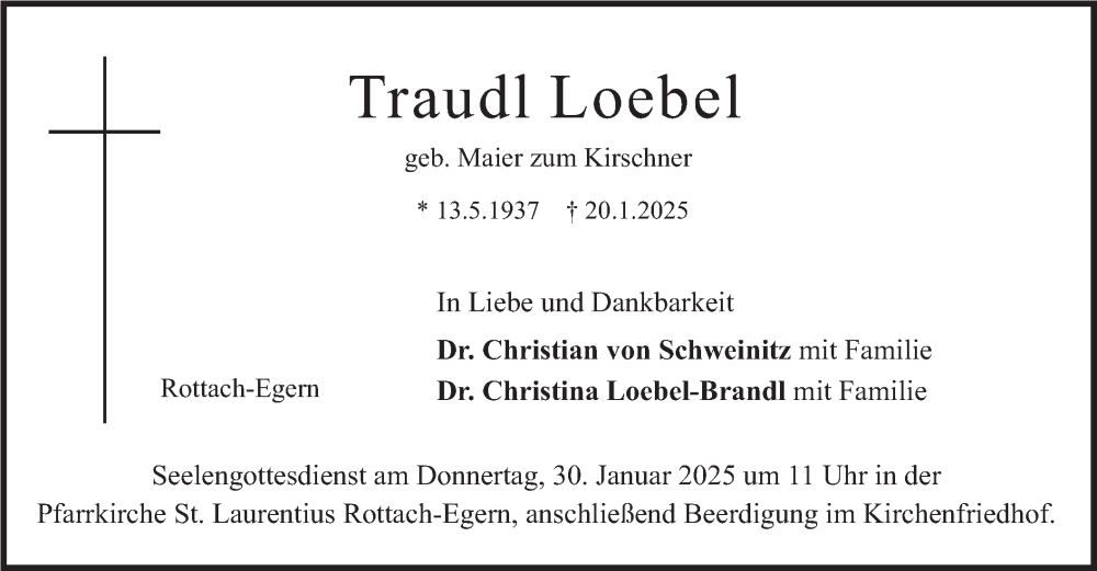  Traueranzeige für Traudl Loebel vom 25.01.2025 aus merkurtz