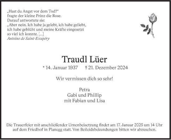 Traueranzeige von Traudl Lüer von merkurtz