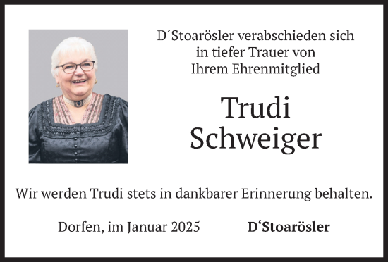 Traueranzeige von Trudi Schweiger von merkurtz