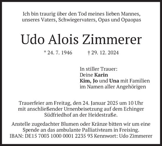Traueranzeige von Udo Alois Zimmerer von merkurtz
