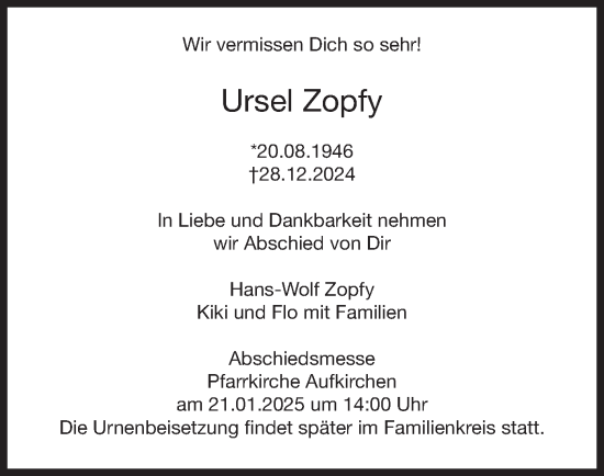 Traueranzeige von Ursel Zopfy von merkurtz