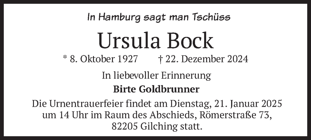  Traueranzeige für Ursula Bock vom 18.01.2025 aus merkurtz