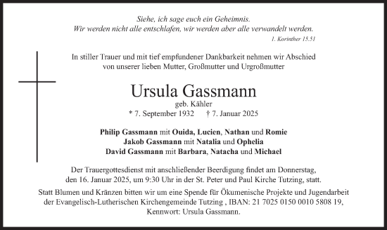 Traueranzeige von Ursula Gassmann von merkurtz